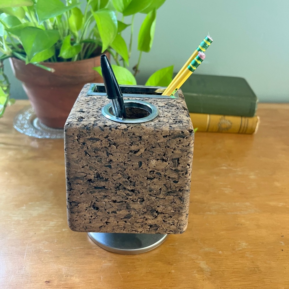 Vintage MCM Sherman Cork Desk Caddy Chrome Pedestal Pen Pencil Holder